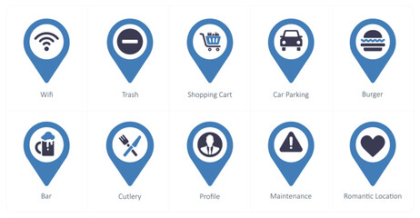 A set of 10 Location Pointer icons as wifi, trash, shopping cart