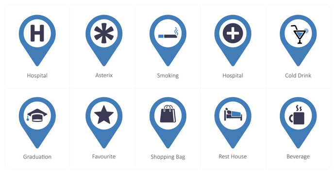 A set of 10 Location Pointer icons as hospital, asterix, smoking