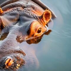 Close up of hippopotamus in water. Animals in natural habitat.