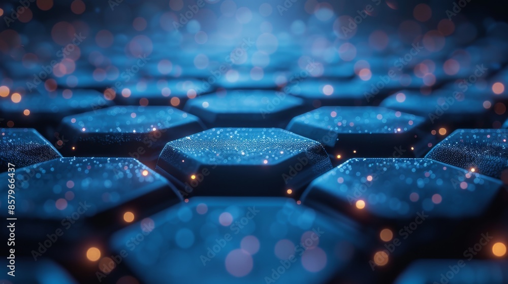 Poster a seamless blue and black hexagonal pattern with sparkling digital elements, symbolizing futuristic 