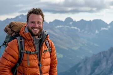 Naklejka premium An attractive man in his late thirties, wearing outdoor gear and smiling at the camera while hiking on a mountain top