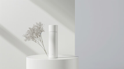 White perfume bottle with a futuristic design, filled with a clean, airy fragrance, placed on a white pedestal,