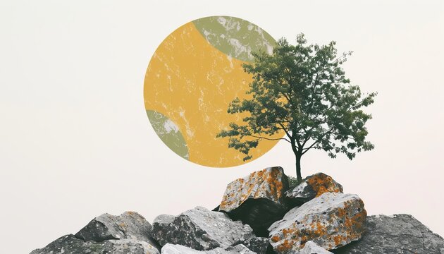 Symbolic nature collage with tree and rock on white background in high quality sunny day photo