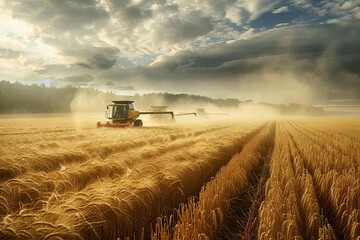 Fototapeta premium Another image of harvesters collecting wheat in a field