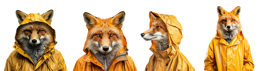 Fototapeta premium set of fox wearing yellow raincoat 