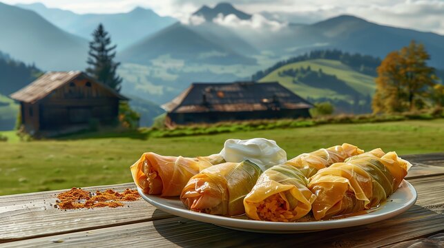 A serving of Romanian sarmale with cabbage rolls filled with pork and rice, served with polenta, placed on a rustic table with a backdrop of the Carpathian Mountains
