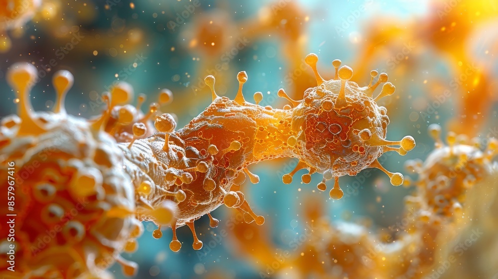 Poster a close-up view of virus cells connecting with each other, revealing their vibrant colors and intric