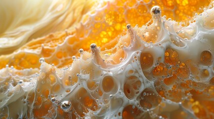 This image shows a fascinating close-up of a vibrant foamy, bubbly orange and white substance with intricate textures and patterns, resembling a microscopic world.