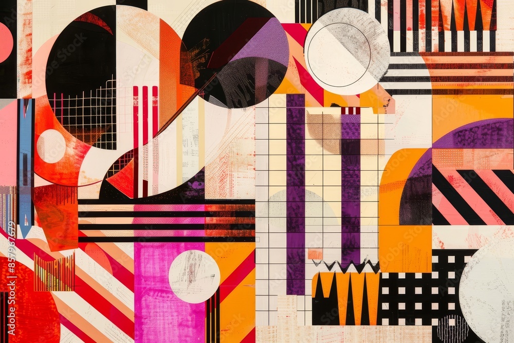 Poster colorful geometric patterns with vibrant shapes and lines in an intricate abstract arrangement