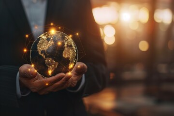 Fototapeta premium Businessman with global business globe for digital marketing and technology development support