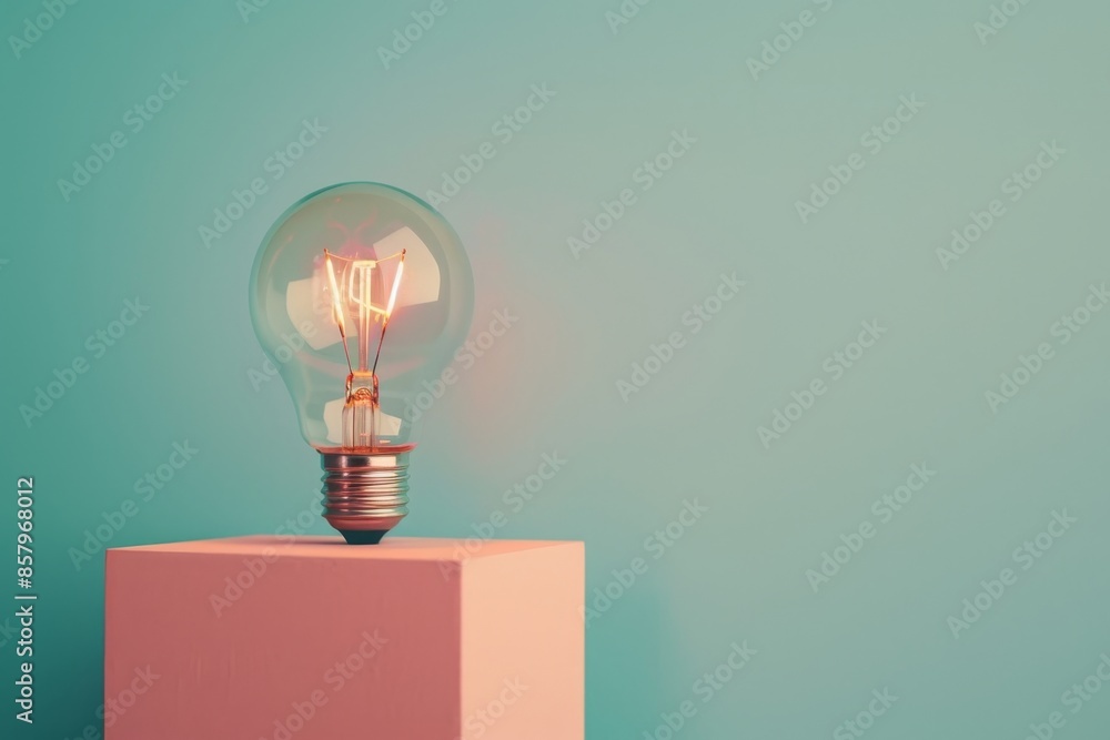 Aufkleber glowing light bulb on block with space for text on solid color backdrop for creative concepts