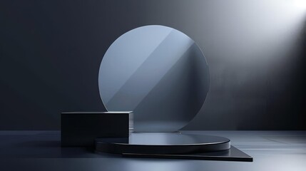 Elegant geometric glass podium in a minimal deep black  gradient pastel setting
