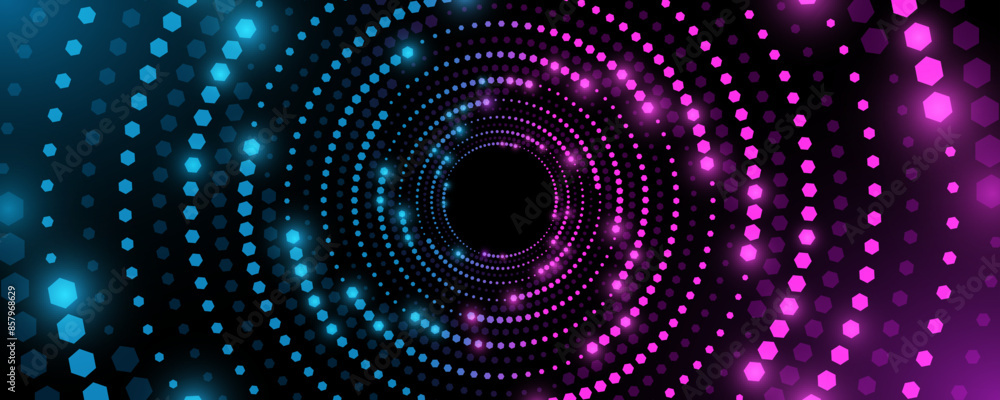 Poster abstract swirling circles of glowing blue and purple hexagons. big data visualization into cyberspac