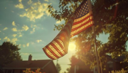 Elegant american flag waving under sunny skies in a picturesque setting on a beautiful day