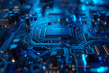 3D rendering of a blue circuit board with a chip and golden light glowing on top. The technique concept is for a micro circuit