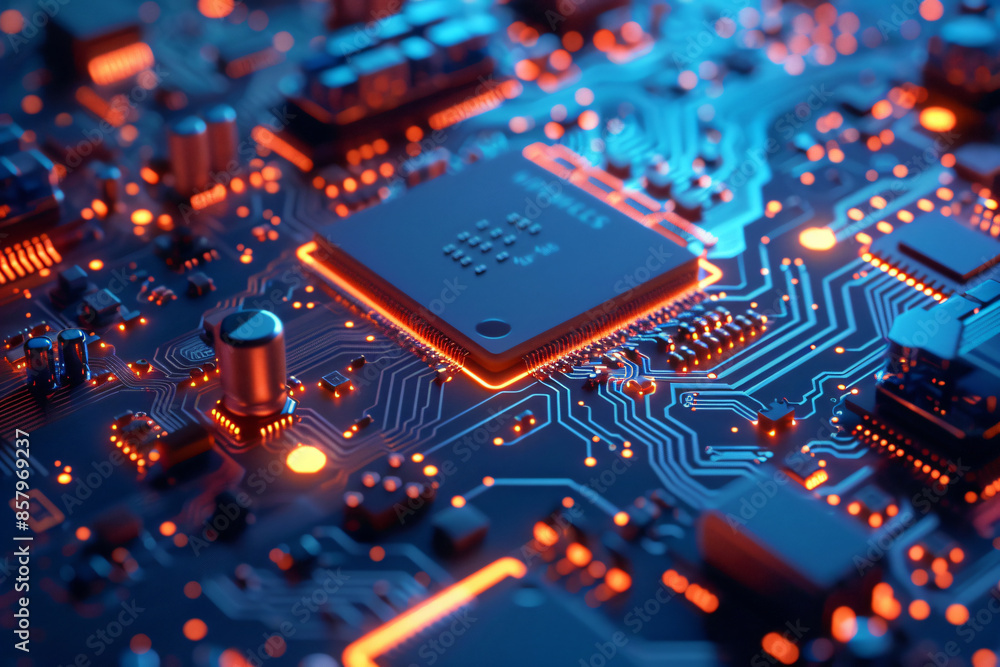 Poster 3d rendering of a blue circuit board with a chip and golden light glowing on top. the technique conc