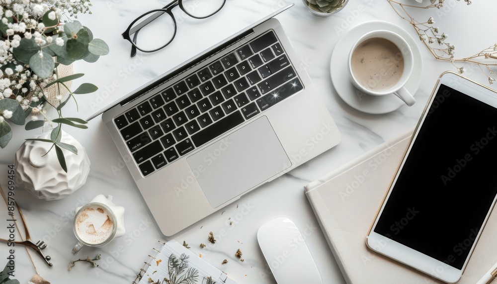Poster minimal workspace with mock up devices and decorations in cropped high quality image
