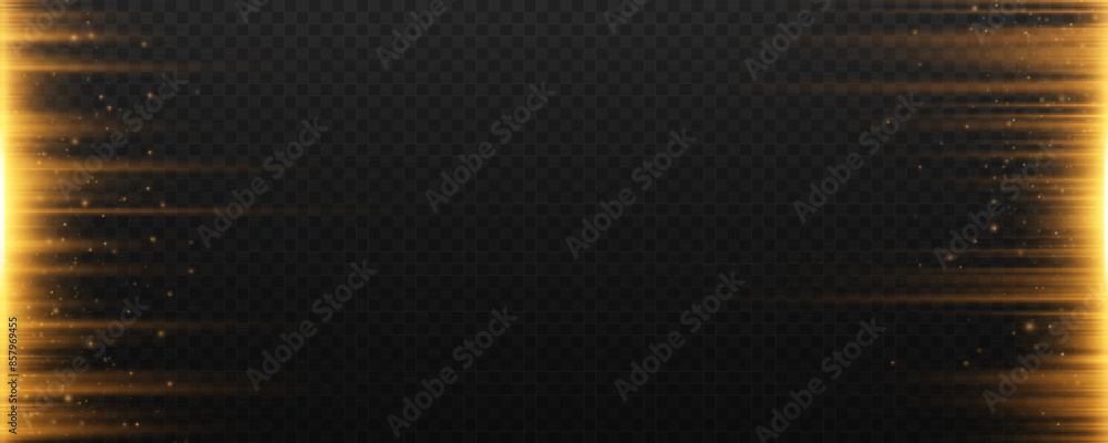 Poster abstract golden rays with dynamic particles isolated on a transparent dark background. magical light
