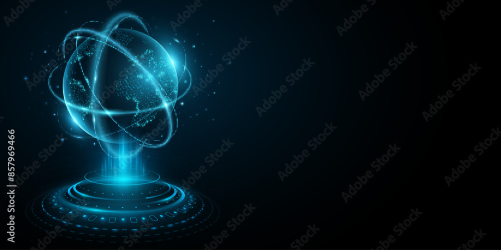 Poster hologram of futuristic planet earth with digital glowing map of dots. hi-tech hud circles. abstract 