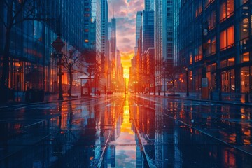 Fototapeta premium A stunning cityscape at sunset with vibrant sky colors reflected on a wet, empty street, flanked by towering modern buildings creating a dramatic urban setting.
