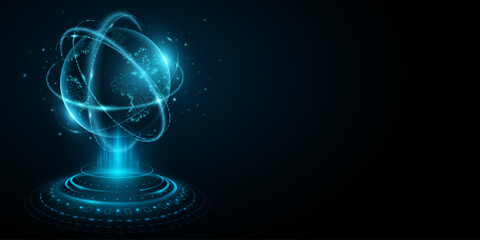 Hologram of futuristic planet Earth with digital glowing map of dots. Hi-tech HUD circles. Abstract rings in the orbit with stars on dark background. Global communication system. Vector illustration. 