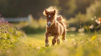 A small brown horse is running through a field of grass