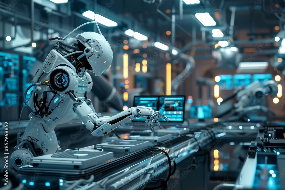 Poster futuristic ai enhanced workspace with robotic assistance for advanced operations
