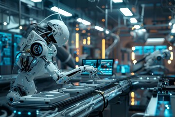 Fototapeta premium Futuristic ai enhanced workspace with robotic assistance for advanced operations