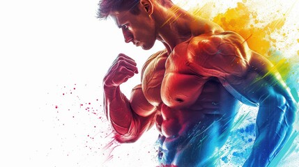 A man with a muscular body is flexing his arm. The image is a colorful and vibrant representation of the man's strength and power. The colors used in the image are bright and bold