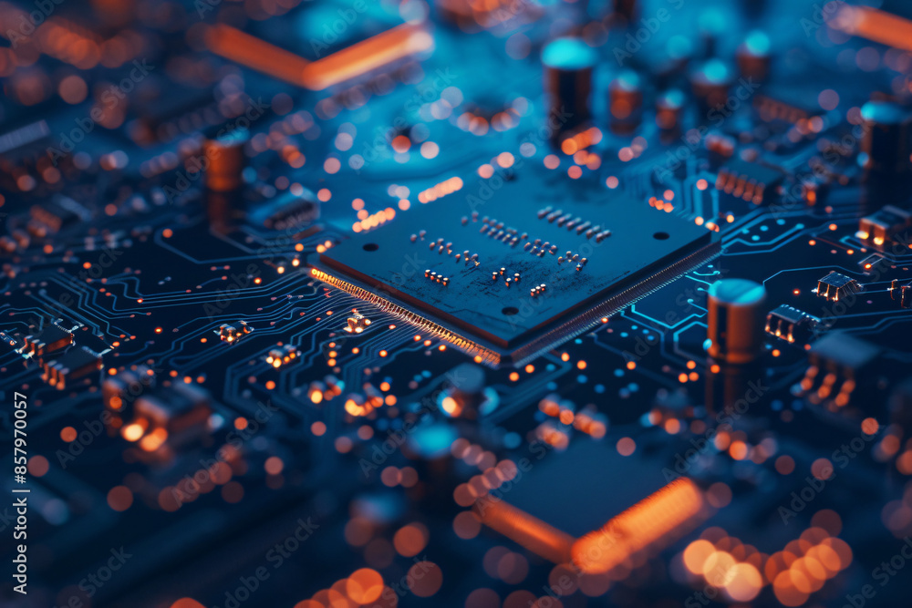 Poster 3d rendering of a blue circuit board with a chip and golden light glowing on top. the technique conc