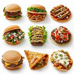 A collection of different types of food, including hamburgers, hot dogs, and tacos. Concept of variety and abundance, showcasing the diverse options available for a meal