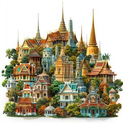 Fototapeta premium A large drawing of a city with many buildings and a palm tree. The buildings are of different colors and styles, and the palm tree is in the foreground. Scene is lively and colorful