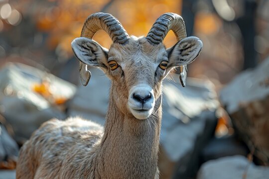 A young ram with elegantly twisted horns captured in a rocky environment during autumn, showcasing the beauty of wildlife and the changing seasons with stunning clarity.