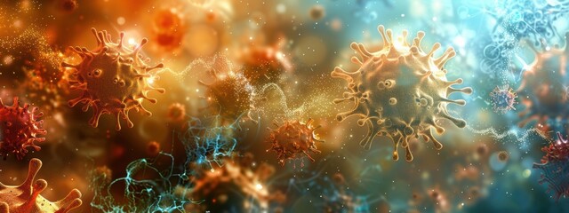 Fototapeta premium A colorful image of viruses and bacteria. The image is vibrant and full of life, with a mix of red, orange, and blue colors. Scene is energetic and dynamic, as if the viruses