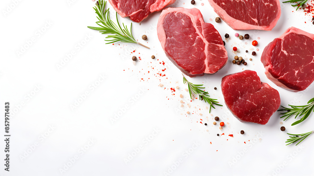 Wall mural meat with spices,Quality Beef and Lamb Steaks on White background  - Wall murals