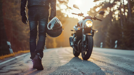 Biker in black clothes and black helmet in his hands walks towards his black motorcycle. Back view...