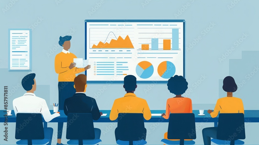 Aufkleber illustration of a business meeting where a presenter discusses data charts and graphs with a diverse