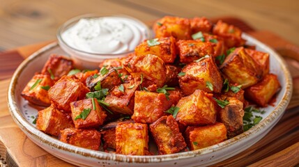 Fototapeta premium Spicy roasted potatoes with fresh parsley and creamy dip