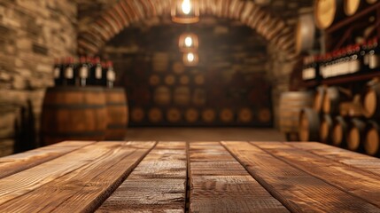 a close up of a rustic empty wooden table with blurred wine cellar background