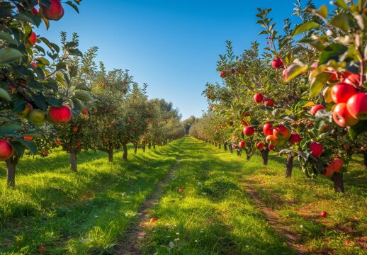 Apple orchard in autumn green grass, beautiful scenery, green nature