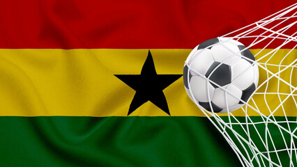 Fototapeta premium Football ball with the national flag of Ghana. Flag of Ghana. Horizontal Realistic waving flag of State of Ghana. Fabric textured flowing flag of Ghana.