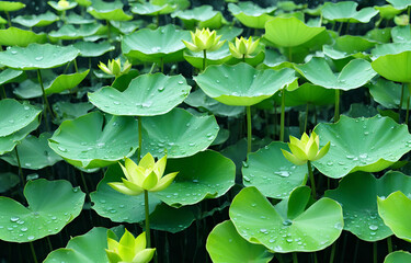 Lotus Pond Photography, upward angle, lotus leaves, water surface, duckweed, blue sky, high saturation, natural light, fresh green, 