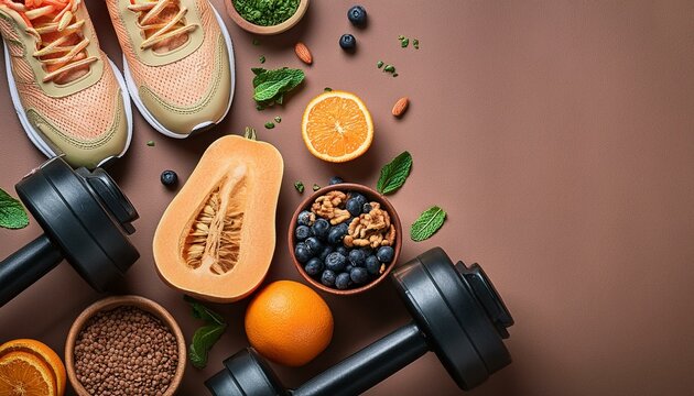 bodybuilding food concept; slim shape and fitness weight and sneakers, dumbbells flat lay, copy space