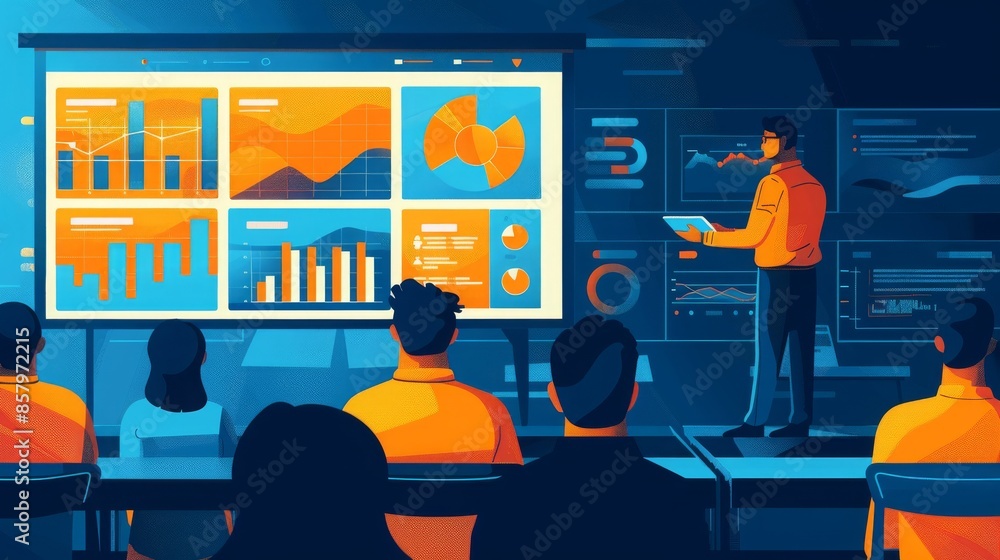 Aufkleber illustration of a team presentation featuring a speaker showcasing colorful data charts and graphs t