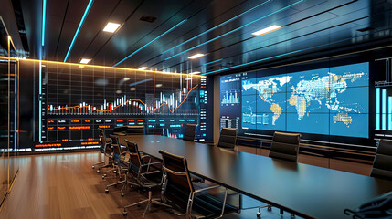 A large boardroom with table and digital display on wall showing stock market data and financial investments information