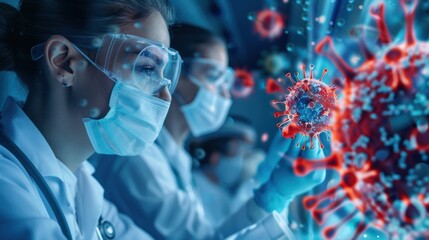 A woman in a lab coat is wearing a mask and holding a red and blue virus. Concept of caution and the importance of safety in a lab setting