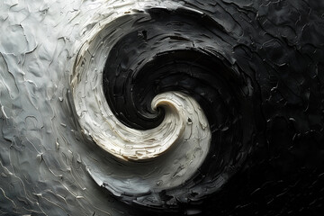 Abstract yin yang symbol in black and white, textured swirl pattern representing balance and harmony in a minimalist style.
