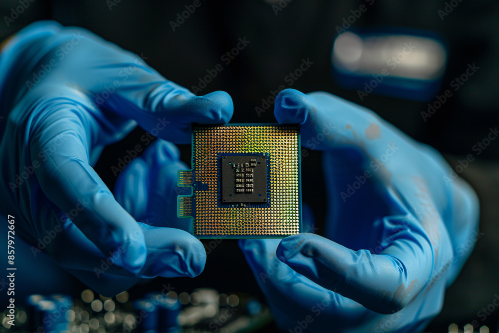 Poster 3d rendering of a blue circuit board with a chip and golden light glowing on top. the technique conc