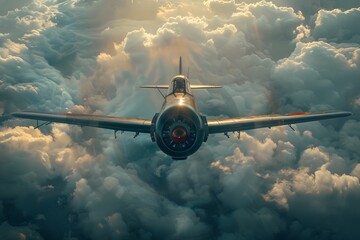 The image captures a vintage airplane soaring through a dramatic cloudy sky during sunset, symbolizing adventure, freedom, and the golden age of aviation.