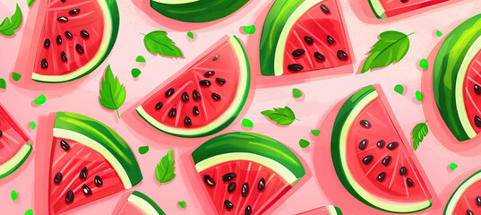 Pink background with watermelon slices and leaves for annual american watermelon day on august 3